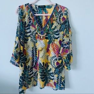 Melissa Paige Leaf Print Cold Shoulder Sheer Top